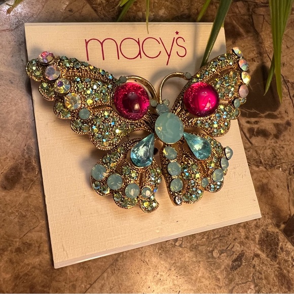 Large Gold Tone Multi Color Crystal Rhinestone Butterfly Brooch Pin - Picture 2 of 8